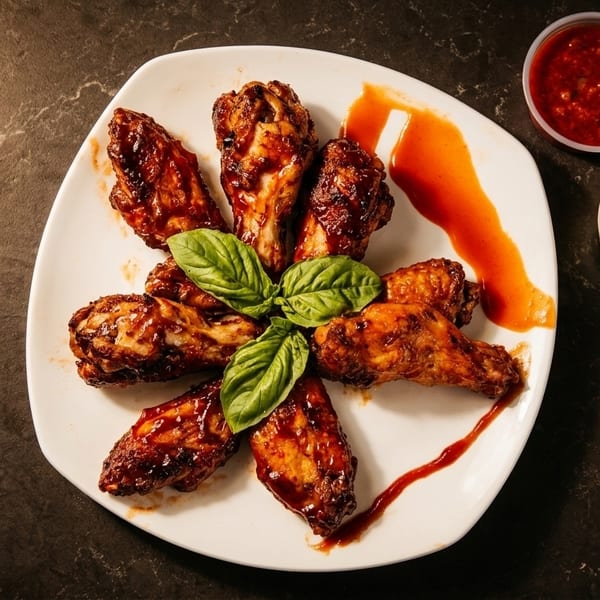 Glazed chicken wings arranged in a circle with basil, served with red and white dipping sauces.