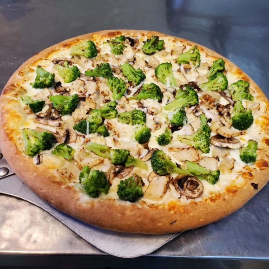 Chicken Broccoli Alfredo Pizza.